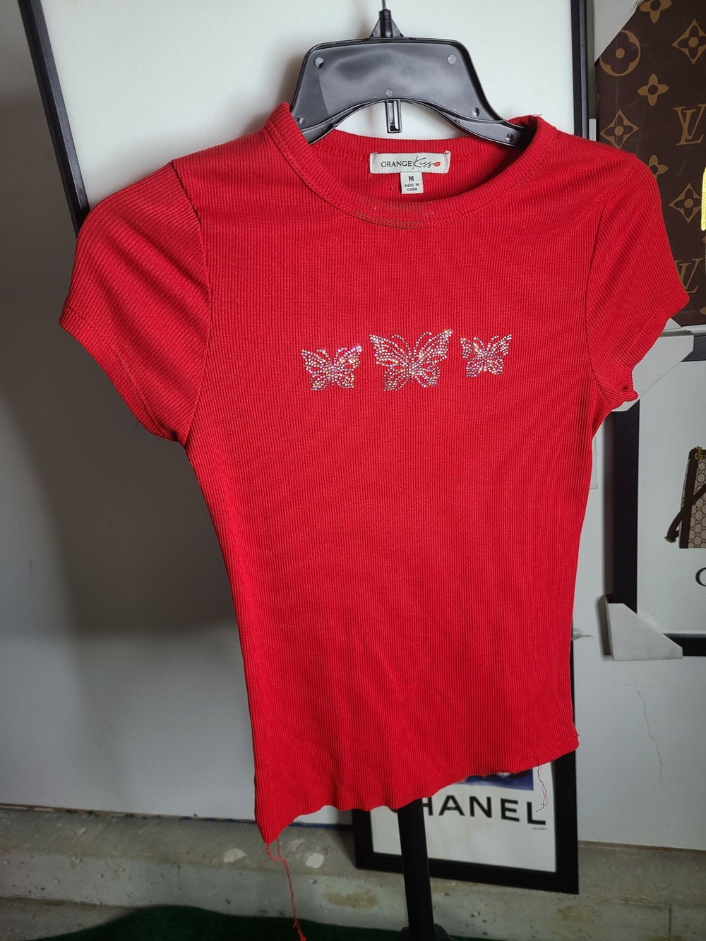 Orange Kiss Red Ribbed Butterfly Tee - Short Sleeve